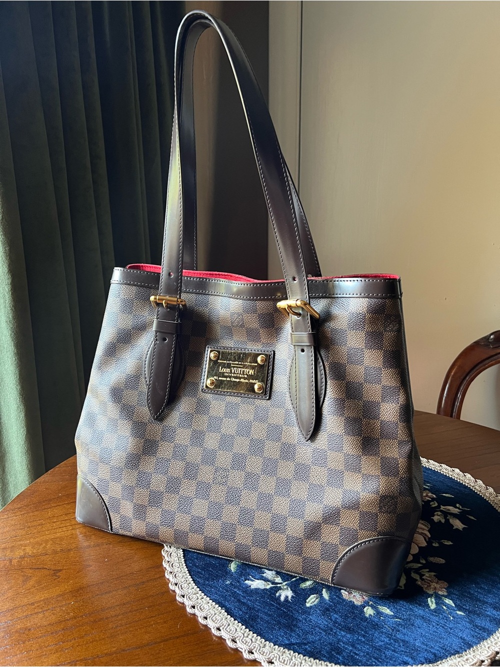 Louis Vuitton Brown Damier Ebene Tote with Red Trim